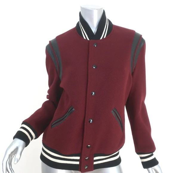 Yves Saint Laurent Jackets & Blazers - Saint Laurent Teddy Bomber Jacket Leather-Trim Burgundy Wool Size 46